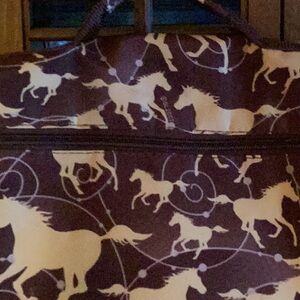 Brown and Cream Horse Print Tote Bag with wheels. Polyester.